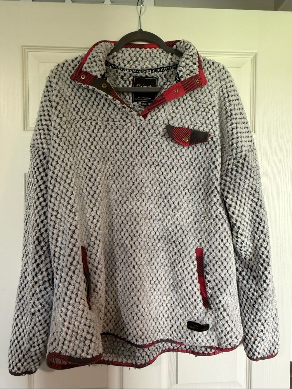 Simply Southern Knit V-Neck Pullover with Red Trim